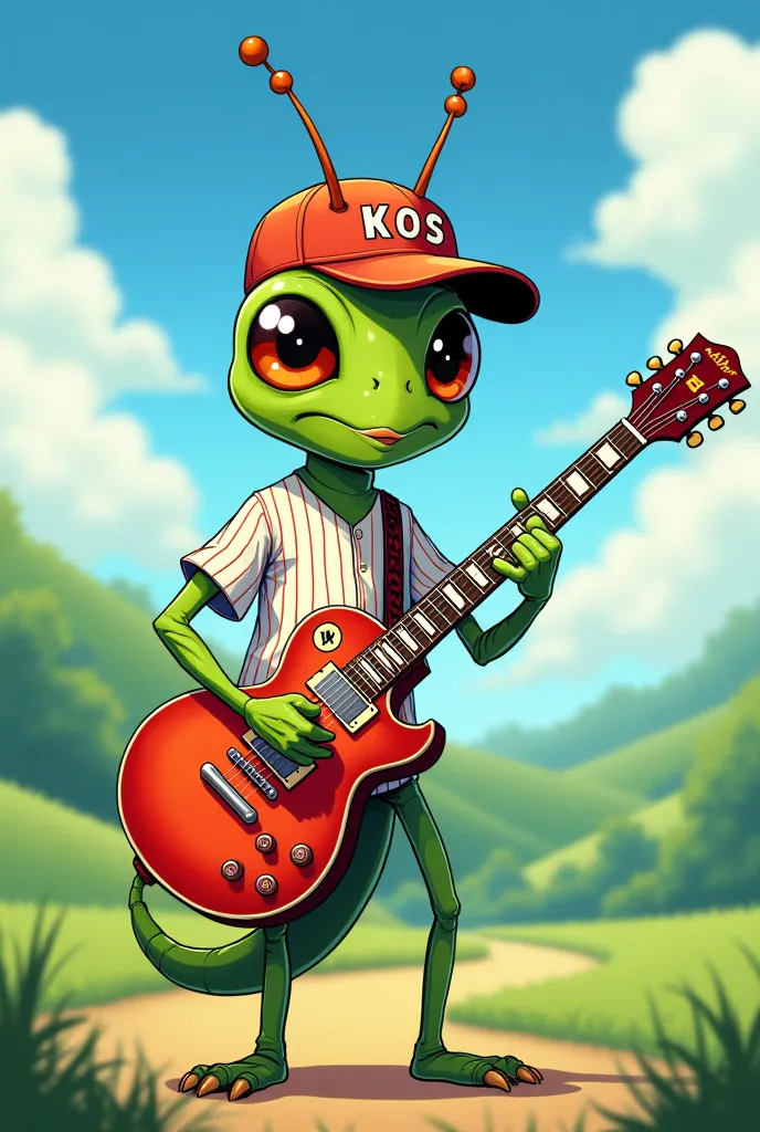 It's an anime-like picture of a late Dragon Ball、Picture of a grasshopper character wearing a baseball uniform playing a Les Paul guitar。The letters KOS are written on the hat