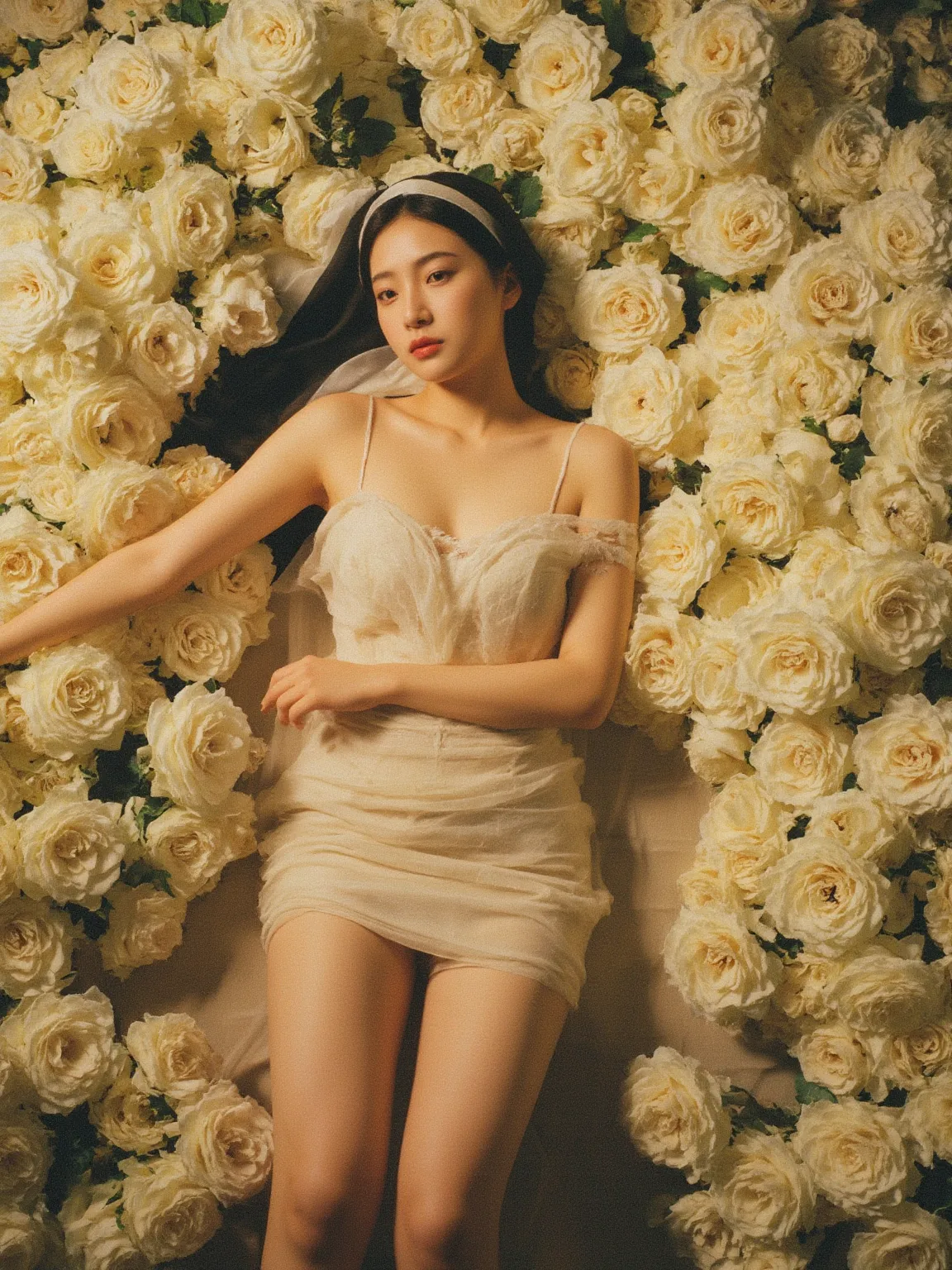 4K raw photos.
A beautiful young Japanese woman in a skin revealing dress and a nun's veil.
She is lying on her body in a pile of white roses.