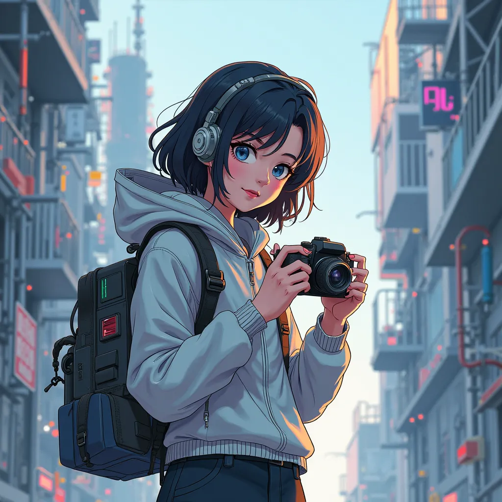 Animation, sense of technology, Kakiko, holding a camera, depth sense of depth, smart, clean, background, abstraction, simple and intuitive