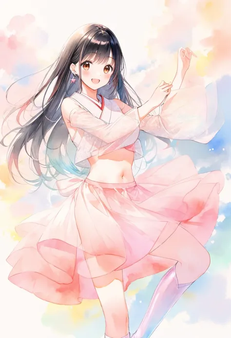 Light lines and warm pastel colors give the impression of a sketch. (ultra detailed:0.7), cover image, (soft pastel tones, watercolor, (bright color:1.3), transparent, gradation, harmonious and calm atmosphere:1.1), 
1girl, , brown eyes are shining and cut...