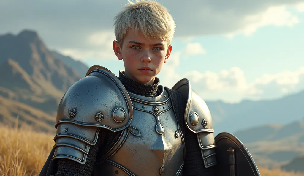 A young guy warrior with a sword and shield, he is paladin, heavy armor, short ashen blonde hair and sky blue eyes