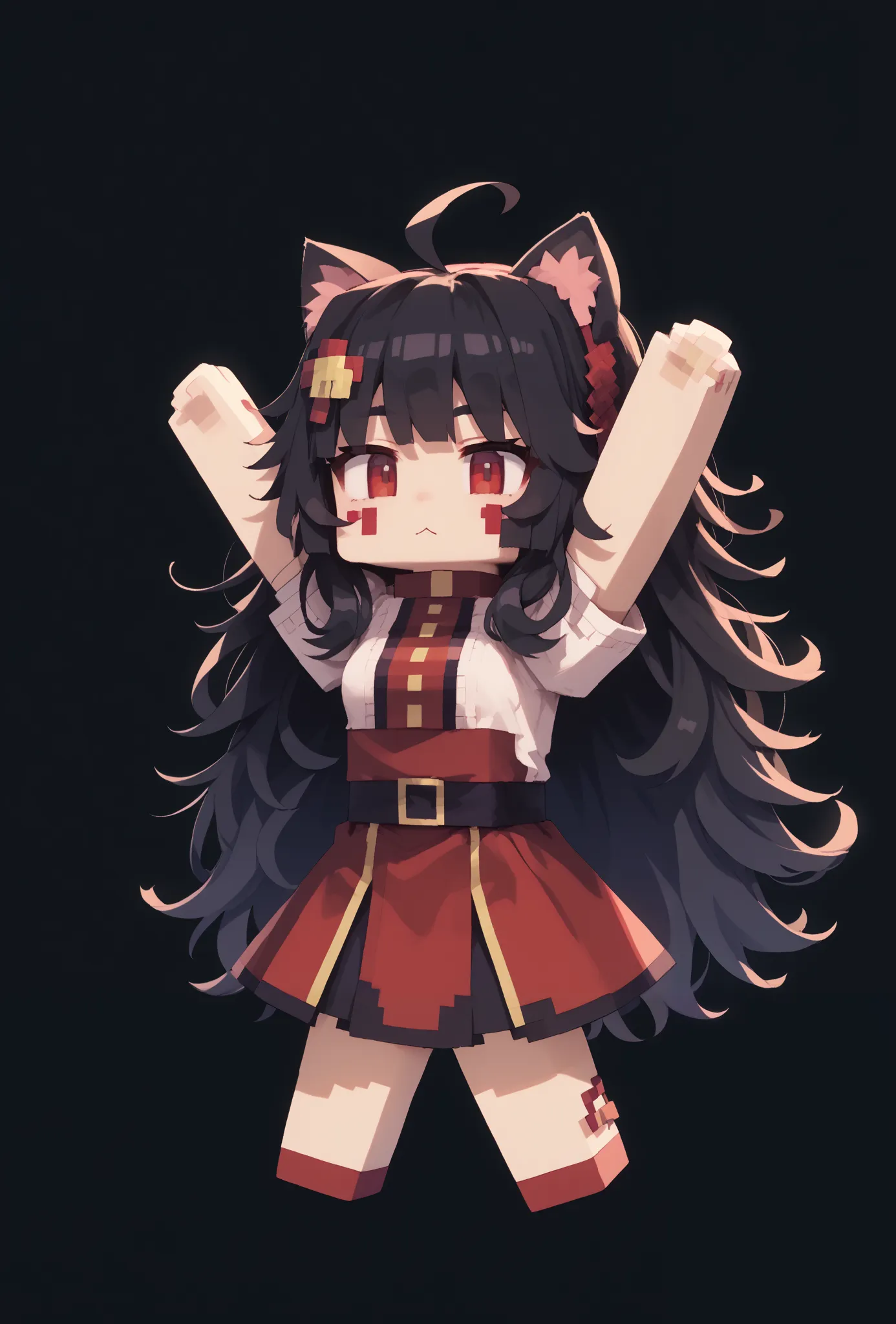 temic10 , Chibi, 1 girl, Alone ,  colorful, score_9, score_8_arriba, score_7_arriba, masterpiece, the best quality, very aesthetic,  cat ears, (red eyes),  long hair , black hair, (Ahoge), straight bangs,, messy hair, (( with arms up))