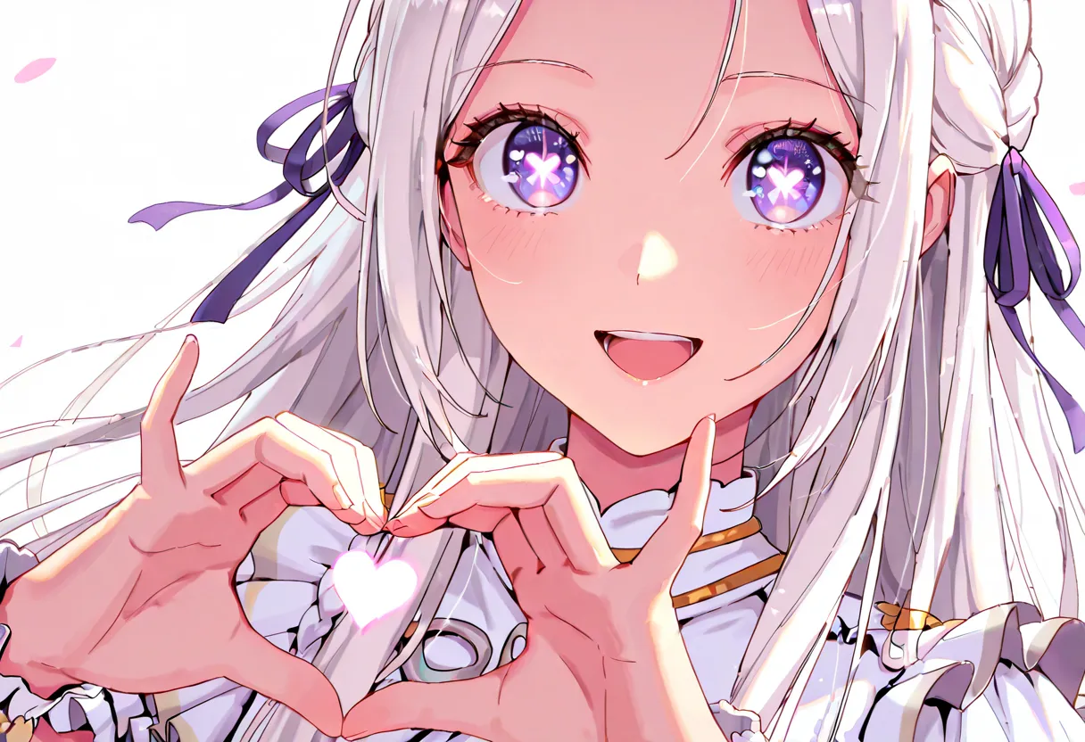 masterpiece, best quality, 1girl, solo, dfltedel, long hair, half updo, white hair, sidelocks, purple eyes, big eyes, symbol-shaped pupils, hair ribbon, purple ribbon, pure White idol clothes, upper body, looking at viewer, smile, heart hands, open mouth, ...