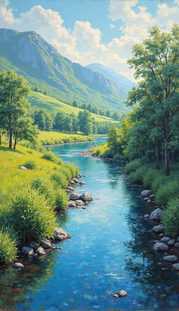 impressionist painting of a landscape and a river