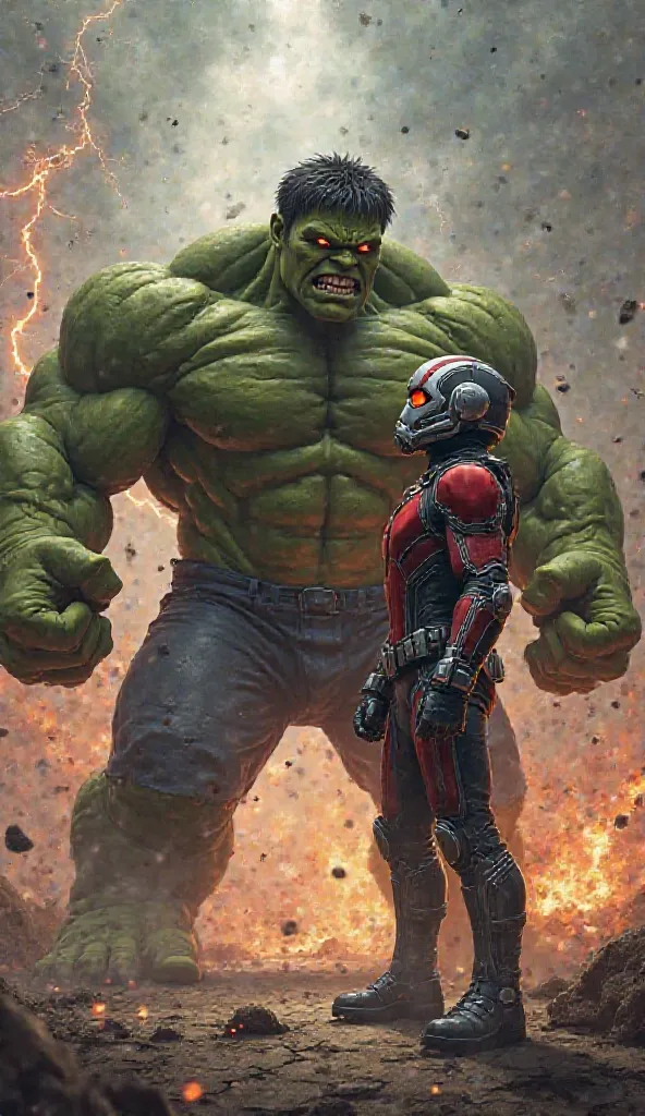 Create a highly detailed, 4K cinematic digital painting of Hulk and Ant-Man standing face to face in an intense, angry standoff. Hulk, with his massive, muscular green body, glowing eyes, and veins bulging with rage, clenches his fists, exuding raw power. ...