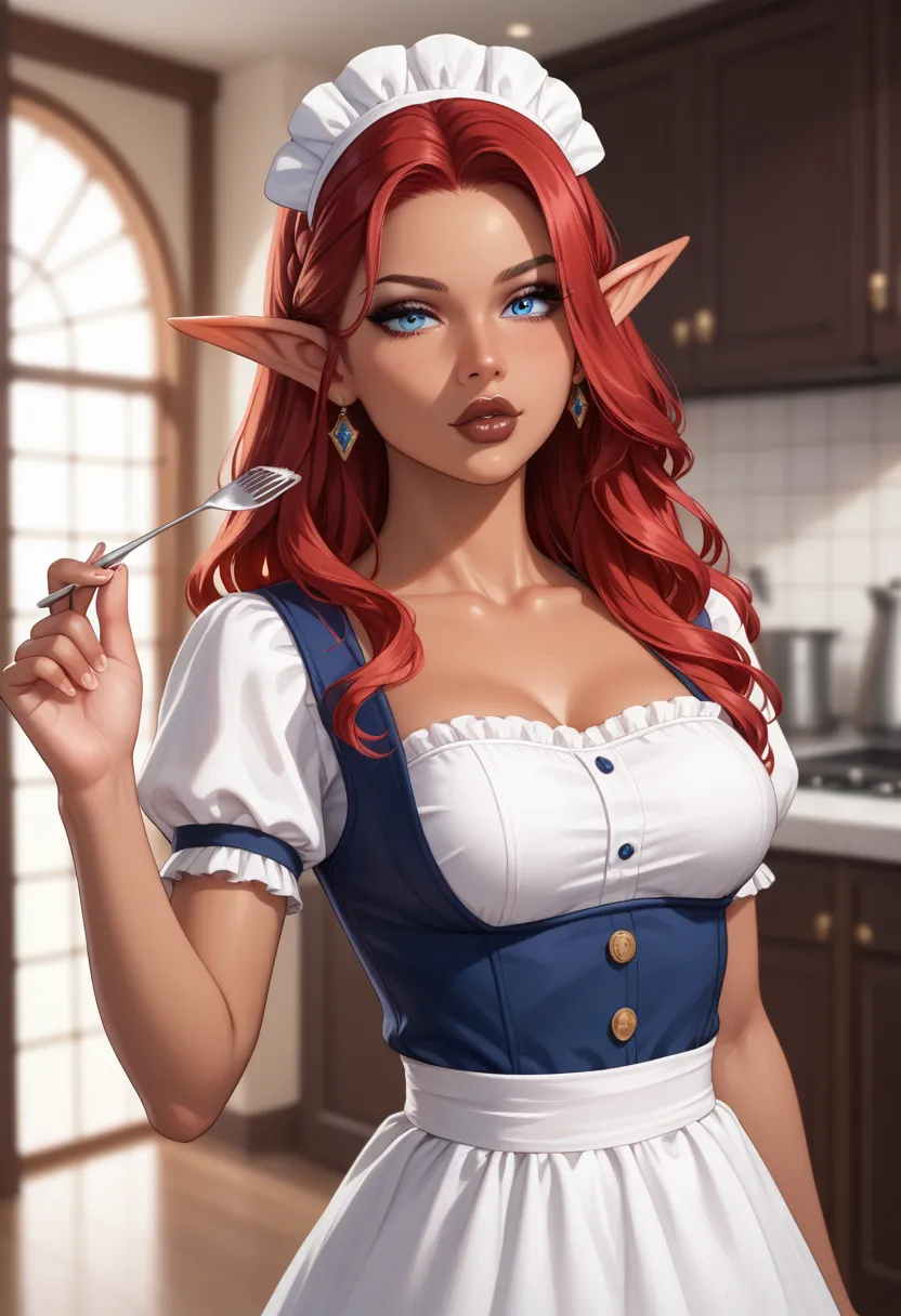 ((ultra quality)), ((Masterpiece)), ((8K)), ((elf house worker)), ((long red hair)), (Beautiful face), (Dark lips), charming, ((sexy facial expression)), looks at the camera, eyes closed a little, (skin color dark blue), (dark blue skin), glare on the body...