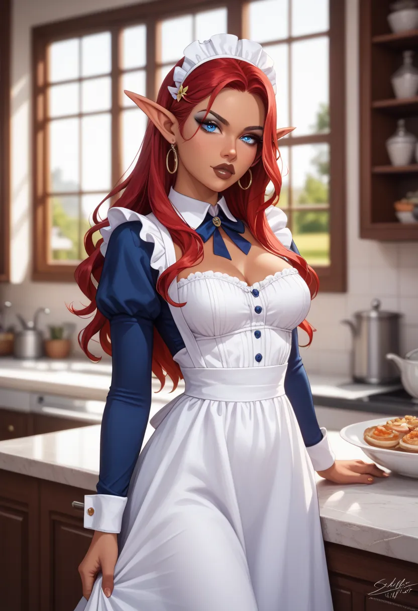 ((ultra quality)), ((Masterpiece)), ((8K)), ((elf house worker)), ((long red hair)), (Beautiful face), (Dark lips), charming, ((sexy facial expression)), looks at the camera, eyes closed a little, (skin color dark blue), (dark blue skin), glare on the body...