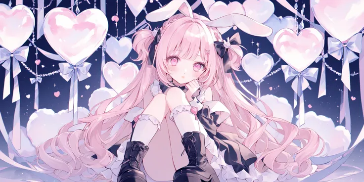 pastel colors、watercolor、1 girl、rabbit ears、 heart、Light pink hair、braided hair、hair bow、 pink eyes 、droopy eyes、Angel、sitting、Small lips、 white lace high socks、black boots、masterpiece、Top Quality