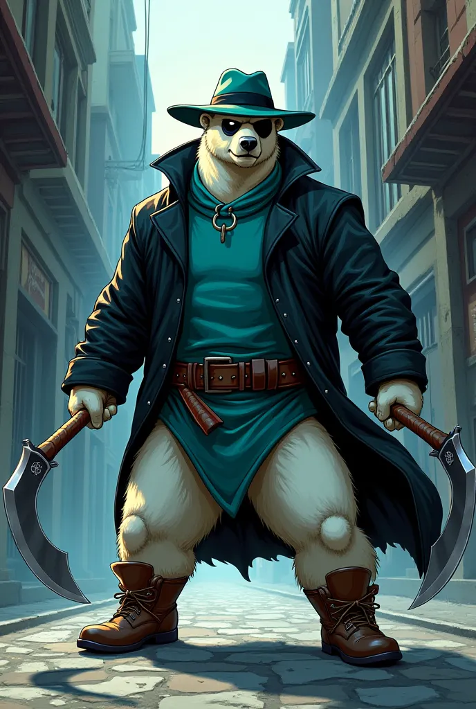 2D Comic: vigilante/ninja as a polar bear with teal fedora, black eyes, black eye patch, teal sweater, black windbreaker and brown boots. He wields dual sickles.