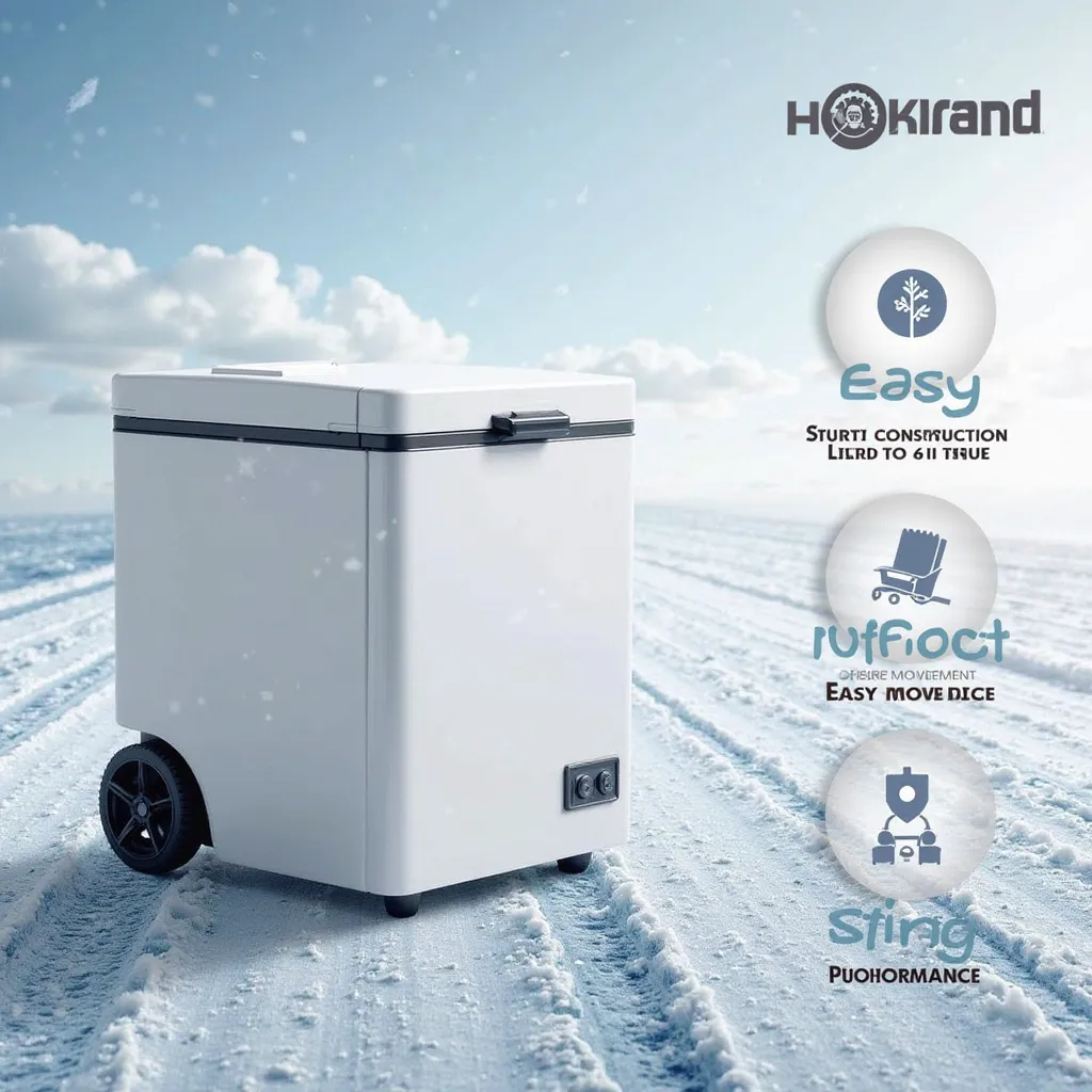 "A high-tech chest freezer with small wheels, positioned at a slight angle to highlight the mobility feature. The background features a road of ice with subtle freezing effects. Subtle movement lines near the wheels emphasize the easy movement. Small icons...