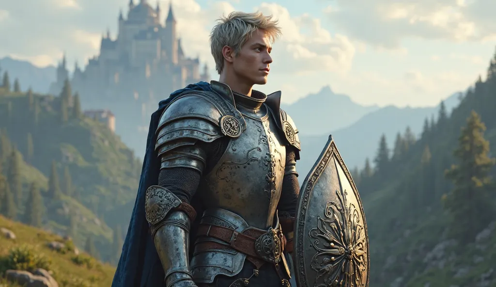 A young guy warrior at his 20s with a sword and shield, he is paladin, heavy armor, short ashen blonde hair and sky blue eyes, medieval fantasy