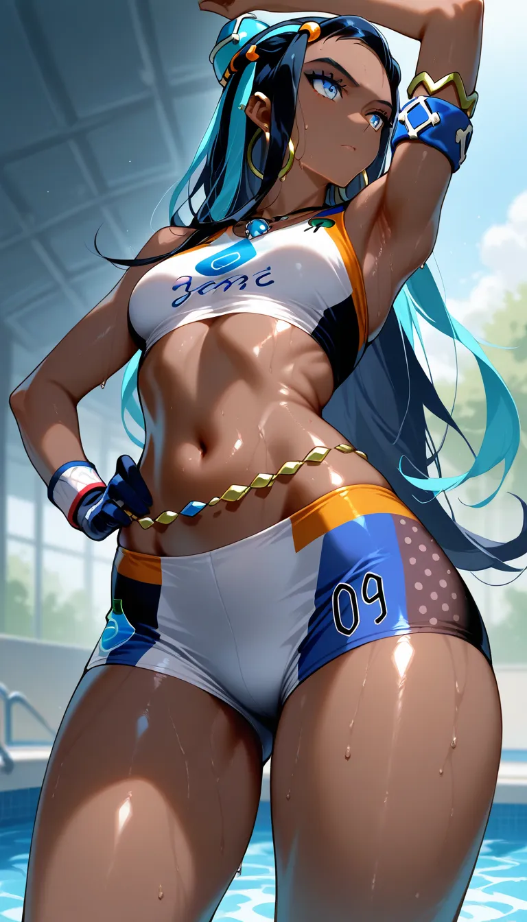 masterpiece, best quality, ultra-detailed, from below, shiny skin, sweating, 1girl, solo, outdoors, swimming pool in the background, upper body shot, upper body focus, upper body only, sweat, nessa, black hair, blue hair, long hair, single hair bun, multic...