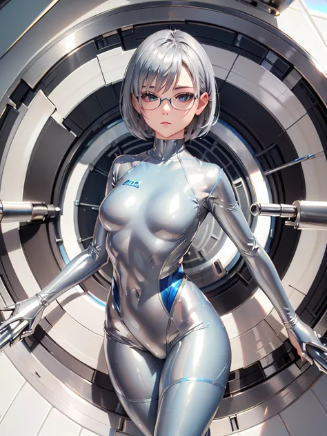 ((Top Quality)), ((masterpiece)), (details), (8k), (UHD), Close-up、short hair、Blue Eyes、 Silver Hair、Glasses、Spread your legs wide、Full body silver metallic enamel suit、Full body silver metallic enamel suit