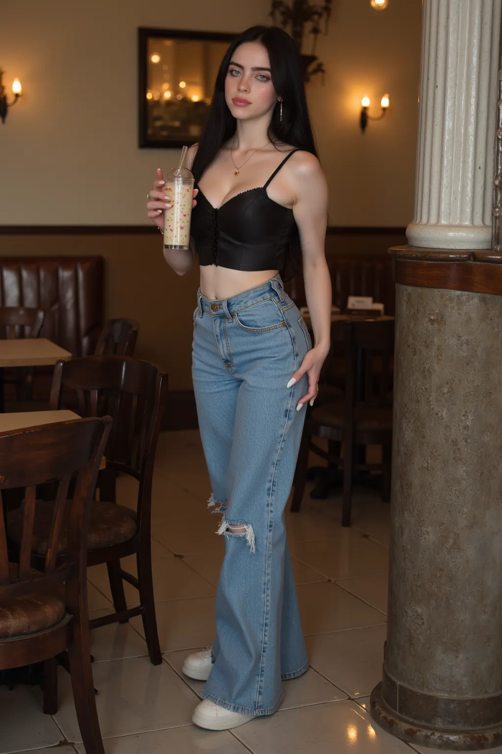   Beautiful young woman,    shiny black hair   ,   beautiful posture  ,  beautiful gray eyes , Fashion Posing Stand,Long white gel nails, Wearing a black strapless bodice, Flared Long Leg Jeans,Nike sneakers,  Holding a glass of pearl tea, White skin,    B...