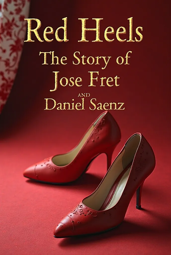 Make an image of a cover of a book by Jose Fret, the fashion designer designing in his studio, with the title in gold letters and a pair of red heels in the background title of the book Red Heels: The Story of Jose Fret and Daniel Saenz' 