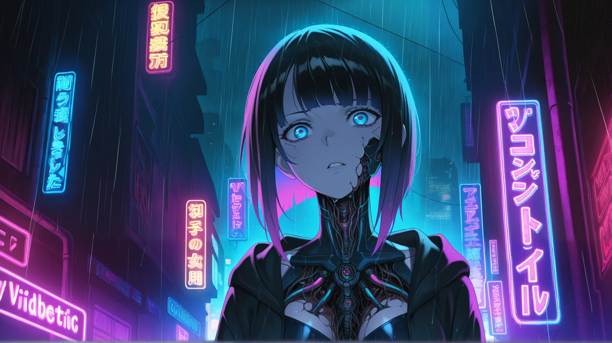 masterpiece, best quality, amazing quality, anime screencap, body horror, cyberpunk, detailed anime-style character, striking facial features, intense expression, contorted body, cybernetic enhancements, dark futuristic environment, neon lights, rainy atmo...