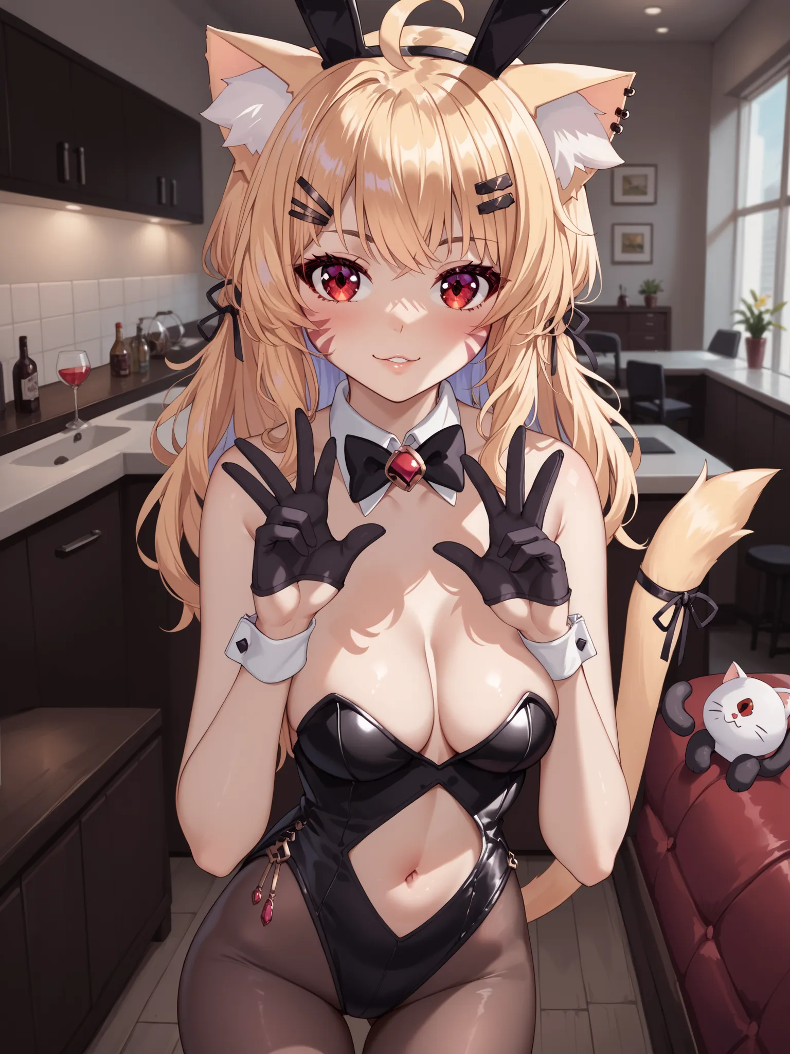 SquChan,1girl,virtual youtuber, animal ears, cat ears, gloves, blonde hair, solo, breasts, red eyes, cat tail, tail, facial mark, whisker markings, animal ear fluff, ahoge, :3, cat girl, looking at viewer, long hair, hair ornament, navel, medium breasts ,b...