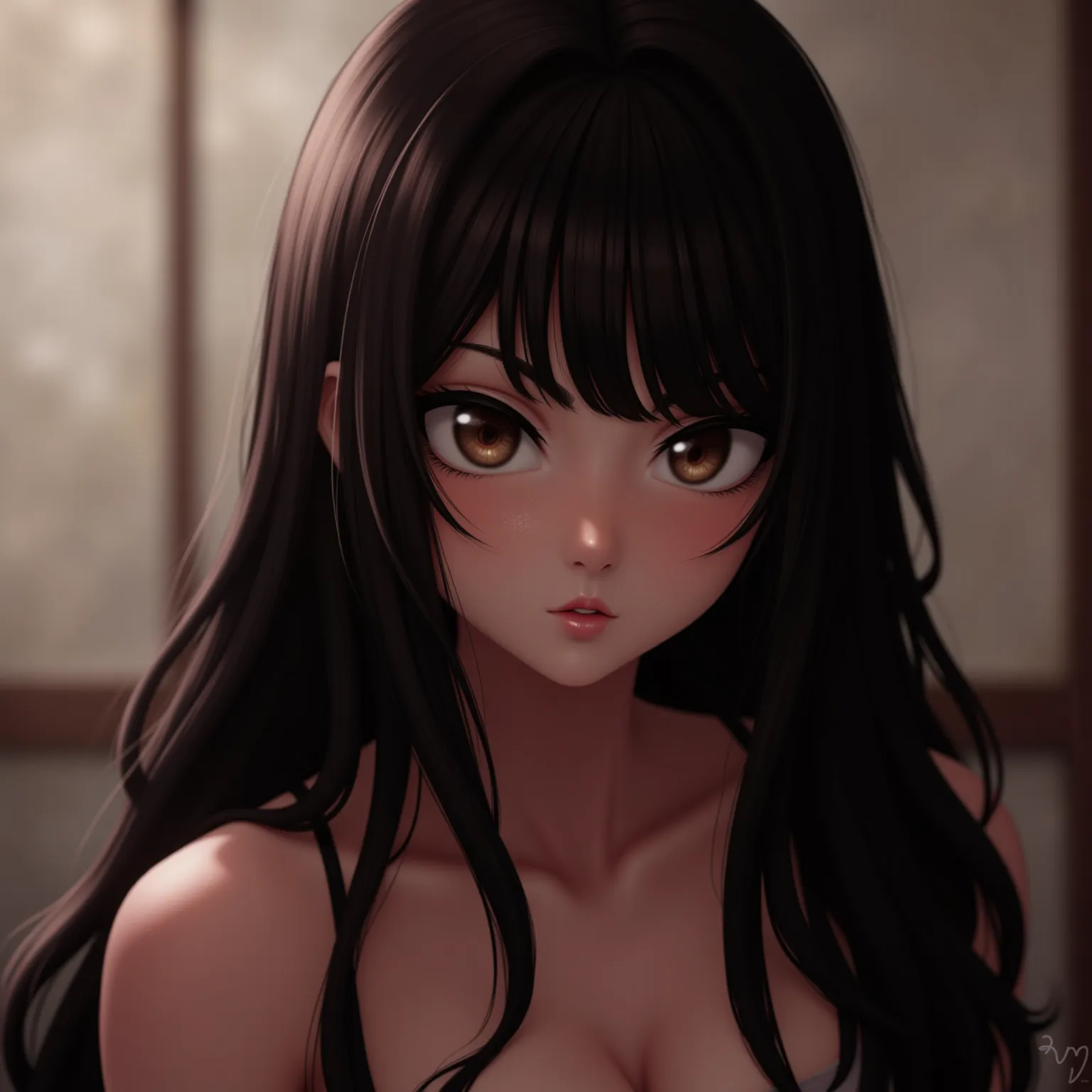 A hyper-realistic portrait of Chichi from Dragon Ball, elegant and fierce, stunning long black hair with silky texture, deep expressive eyes, soft yet determined expression, cinematic lighting, ultra-detailed skin texture, subtle anime-inspired features, r...