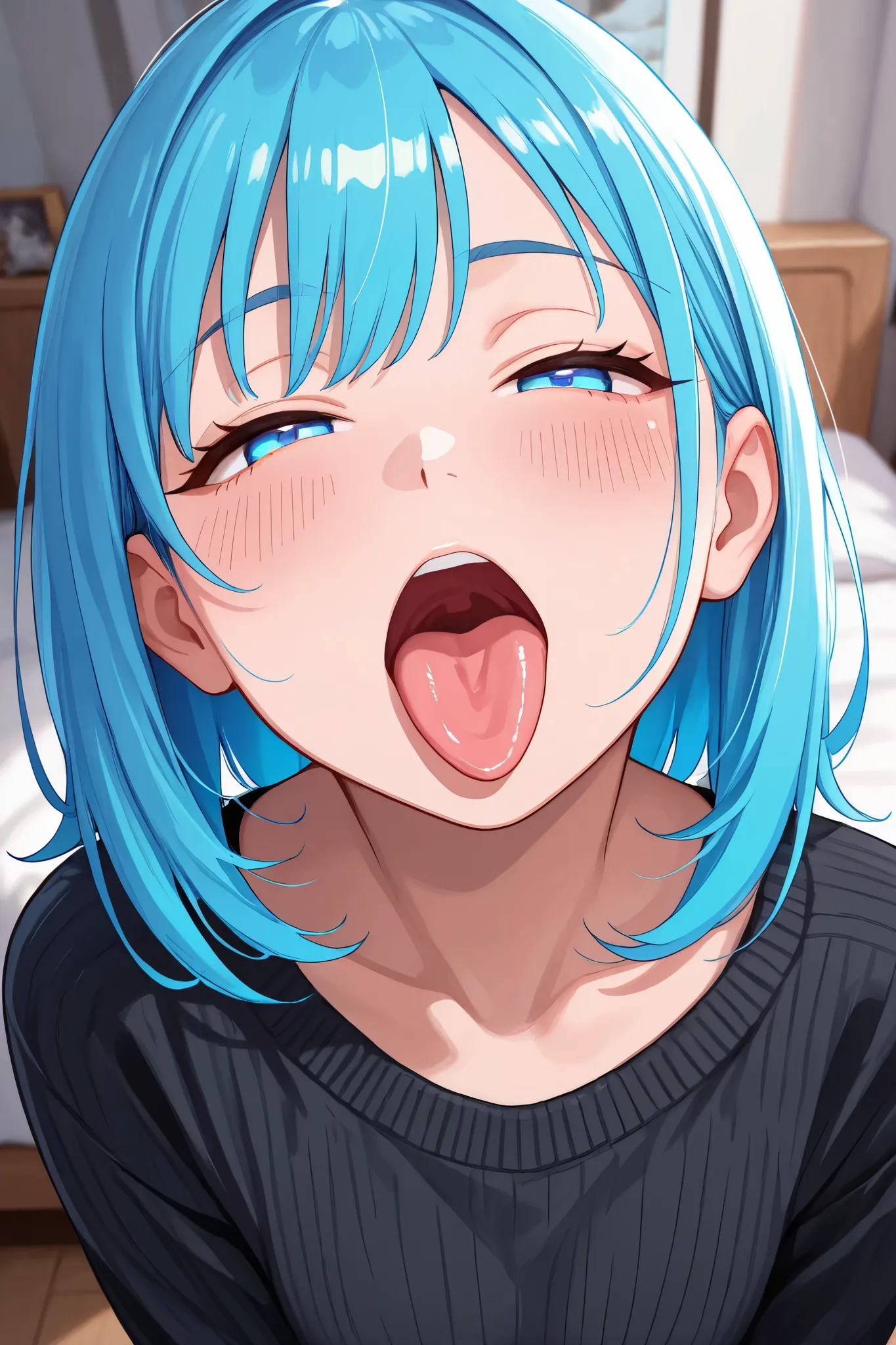 1girl, neon blue hair, medium length hair, tongue out, open mouth, black sweater, bedroom, half closed eyes, looking at viewer, blue eyes, blush, looking up