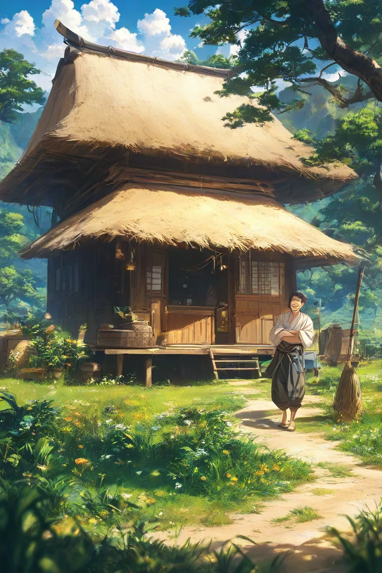 "A serene rural village scene bathed in the golden glow of the late afternoon sun. Lush green rice fields stretch across the landscape, their surface shimmering as the gentle breeze rustles the tall stalks. A narrow dirt path winds through the fields, lead...