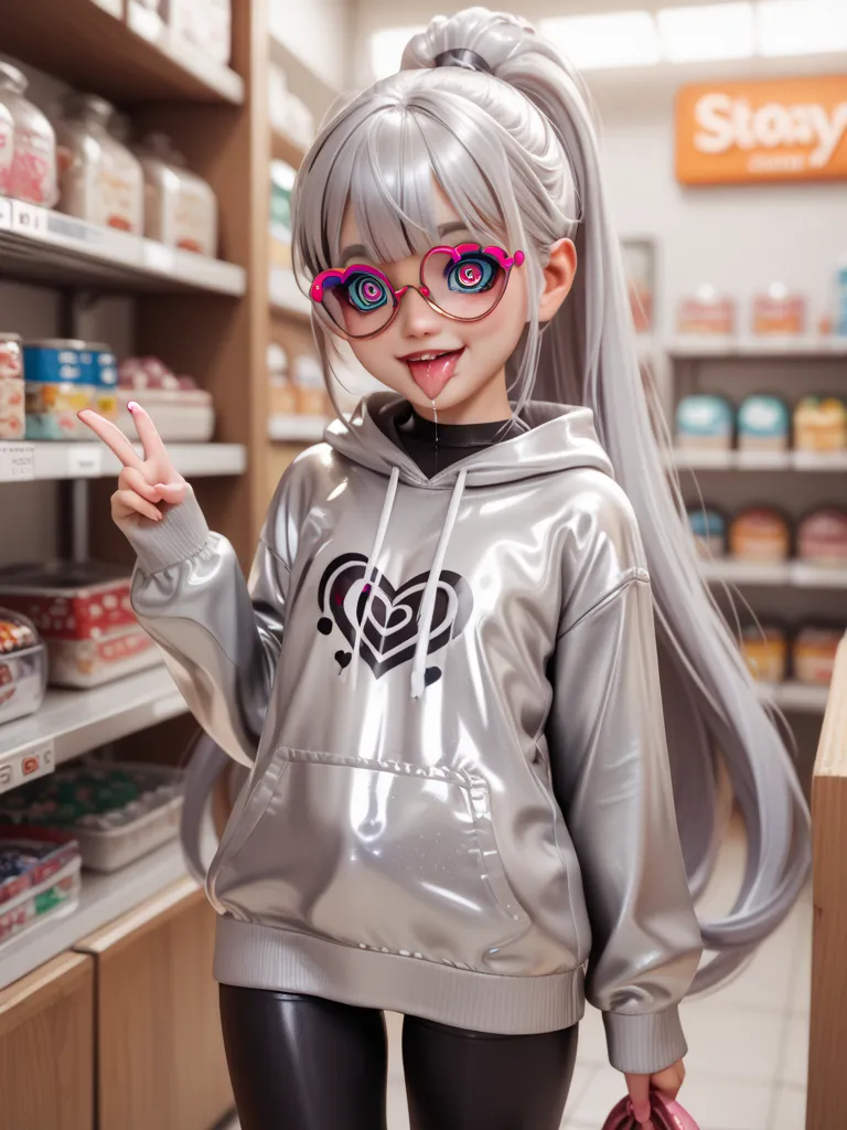 1 young girl, Is there shop buying a, ponytail, Bangs,  Very long hair, In extremely tight shiny silver latex sweatshirt,  black shiny leggings, heart glasses, Spiral eyes, smile,  tongue out, saliva,salivafluss,salivaspur 