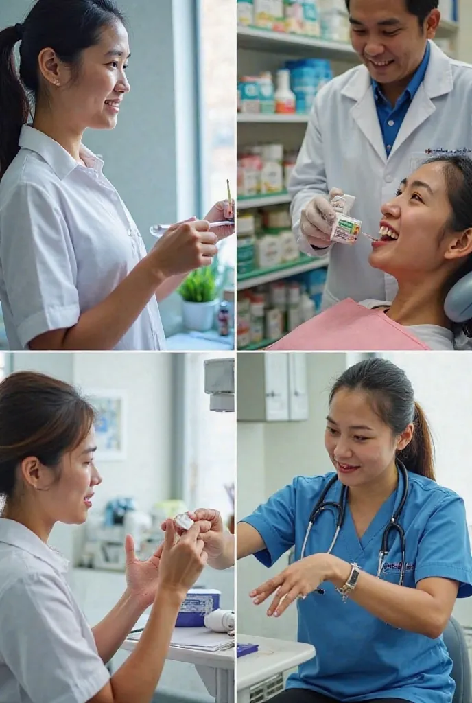 Photo 5: A collage of photos showcasing different aspects of Medikalinga's services: a laboratory technician conducting tests, a pharmacist dispensing medication, a dentist examining a patient's teeth, and a physical therapist assisting a patient with exer...