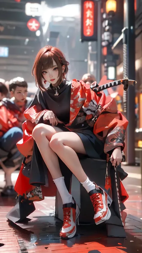 ( masterpiece:1.2), best quality,CG,3d, Samurai Girl,
1 Sister,  red eyes, Earrings and Nipple Rings, alone, Hair Color, Jewelry, to watch the audience, Fuzzy, Women love their whole body,  through bangs , Redhead clothes, jacket, Squat,  blurred backgroun...