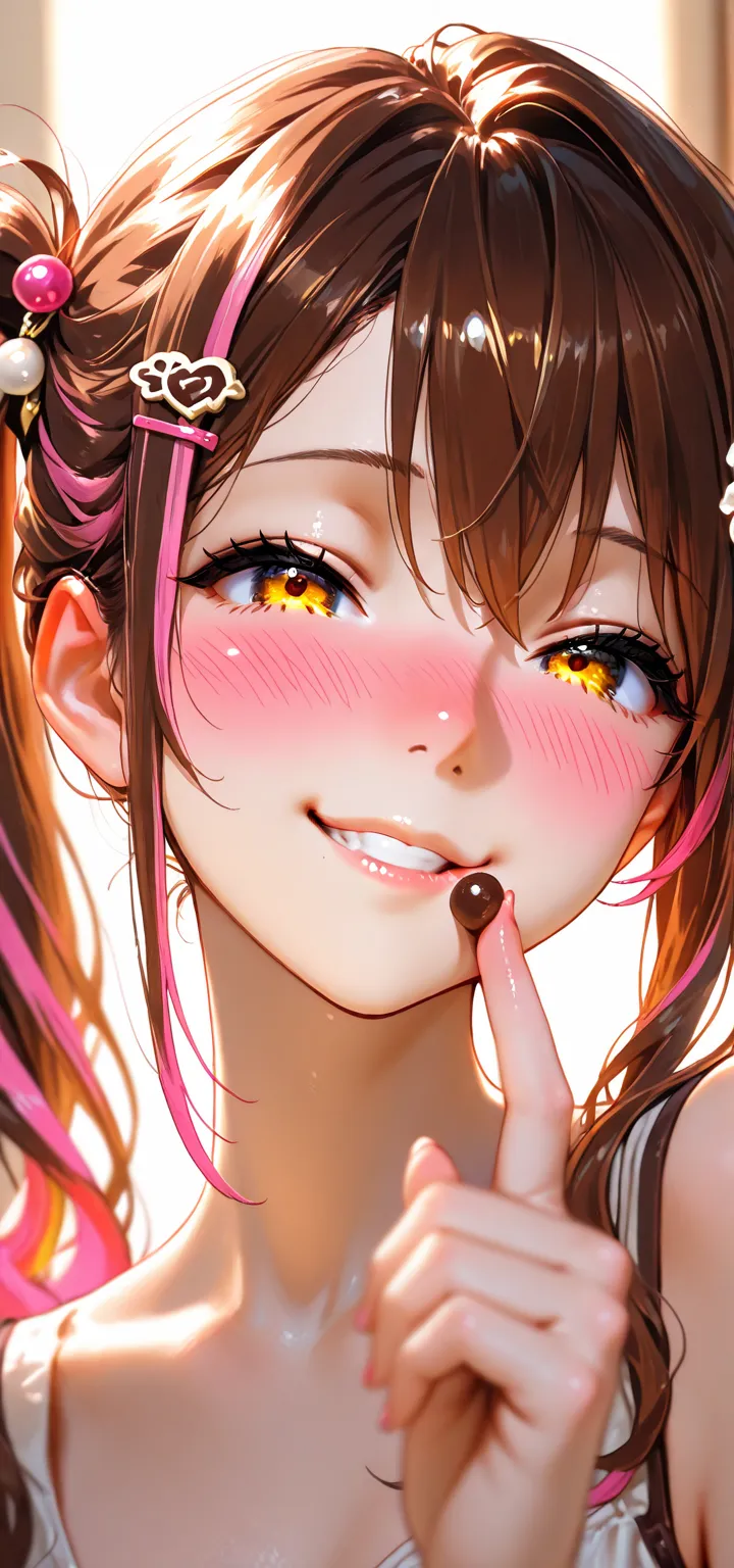 (1girl), (solo), (smile), (blush), (chocolate brown hair), (wavy long hair), (side ponytail), (cute hairpin), (pink highlights), (depth of field), (soft lighting), (high resolution), (masterpiece), (anatomically correct), (golden amber eyes), (nose blush),...