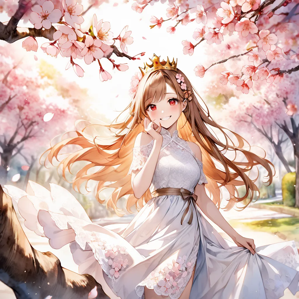 ultra realistic white lace dress、red eyes、 Gold、Bronze Hair、long hair、flower hair ornament、watercolor画、watercolor、Blur color 、Cherry blossom trees、turn around here、 Smile、 Sakurabuki、Biting his finger、crown