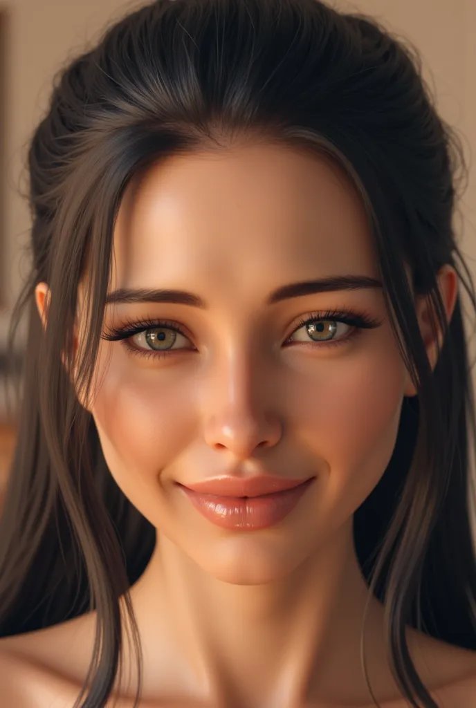 Realistic symmetrical close up portrait, realistic skin, Beautiful high-ranking woman witch, glow up make up,  charming woman, seducing, seductive looking, seduce,sardonic smile , lips full in love ,photorealistic , Symmetrical close-up portrait of a beaut...