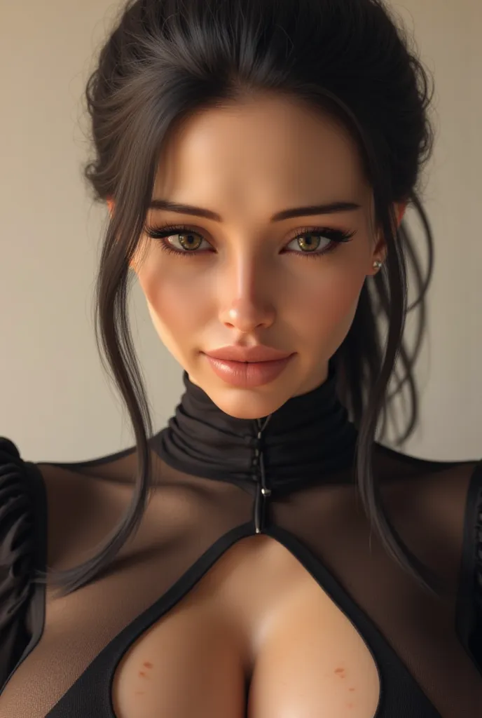 Realistic symmetrical close up portrait, realistic skin, Beautiful high-ranking woman witch, glow up make up,  charming woman, seducing, seductive looking, seduce,sardonic smile , lips full in love ,photorealistic , Symmetrical close-up portrait of a beaut...