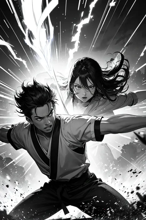 "A manga-style action scene in widescreen format (16:9) depicting a samurai mid-swing, about to strike an opponent. The motion lines and speed effects are exaggerated, capturing the energy of the moment. Sparks fly from the clash of swords, and the backgro...