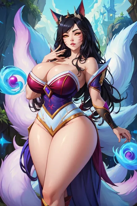 (masterpiece, best quality, absurdres, 4k, aesthetic, detailed, intricate),1girl,nikkecrwn,tiara, tall body, hair ribbon, black hair, 
 Ahri from League of Legends, 








