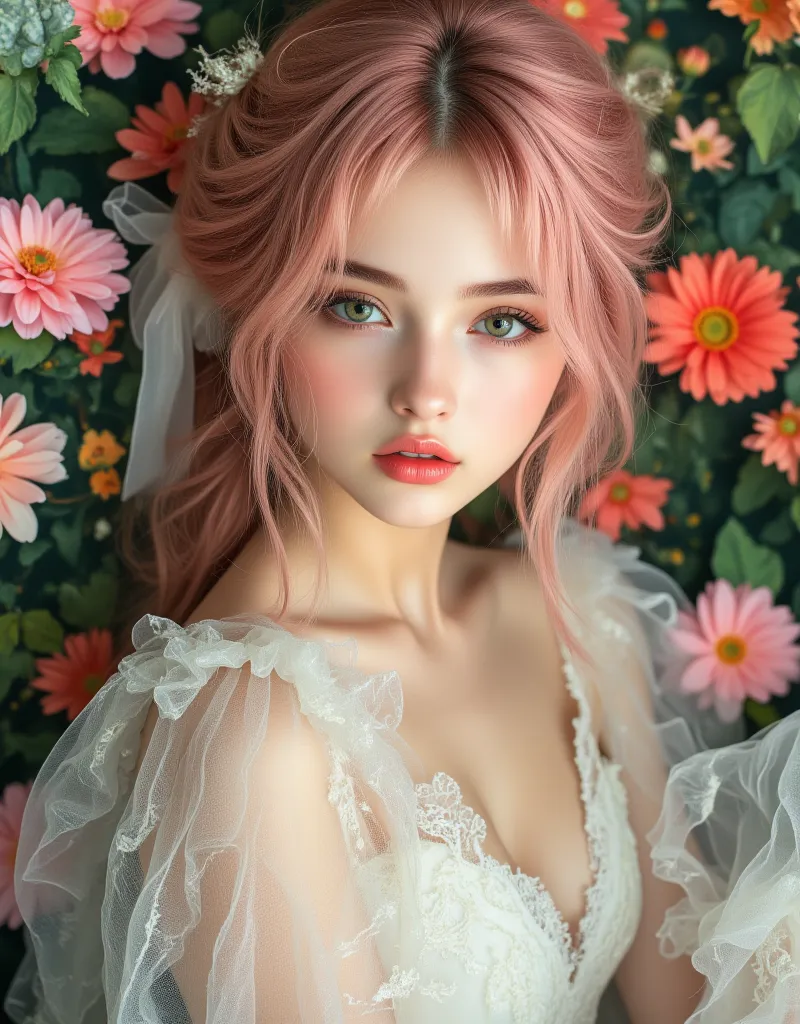 8k,  masterpiece, Top Quality, vibrant, High Angle, close-up,  greenwhiteい肌,  Light Eyes, plump lips, palepink hair, loosy upsweepリボン,white organza princess dress,  Floral Design , relaxed posture,  Abundant flowers,green, pink, red,  orange, white,romanti...