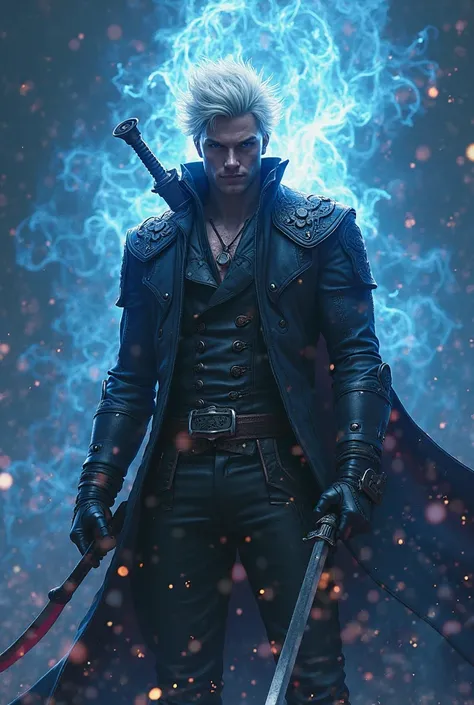 a hyper realistic picture of Vergil from devil may cry 5 holding his sword yamato being surrounded by his own blue demonic energy. 