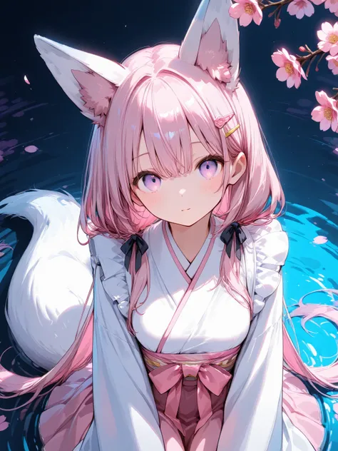 ((White Fox ears and tail))　Baby pink hair　 Long hair　Low twin tail hair clip ribbon　Lilac eyes　Slim body　White  kimono maid　Sakura pink skirt　White brim