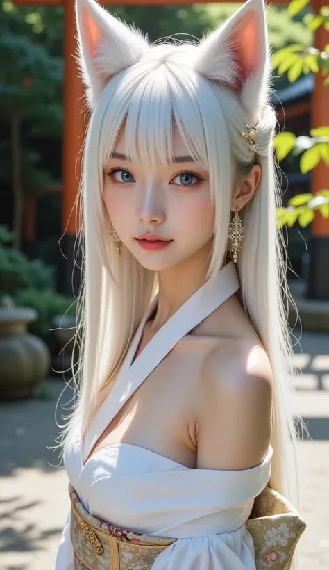 White Fox,Nine-tailed fox,Japanese woman, kimono,white skin,8k,long hair,White hair color, Shrine grounds,Akai Torii, 4K, wolf ears, High Resolution, high quality, textured skin,turns her gaze, turns her gaze, turns her gaze, turns her gaze, turns her gaze...