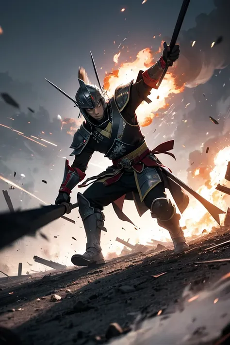 "A high-energy manga-style battlefield scene in widescreen format (16:9). Samurai warriors are clashing with exaggerated action lines, dust and smoke swirling around them. Arrows streak across the sky, while explosions and fire consume the background. The ...