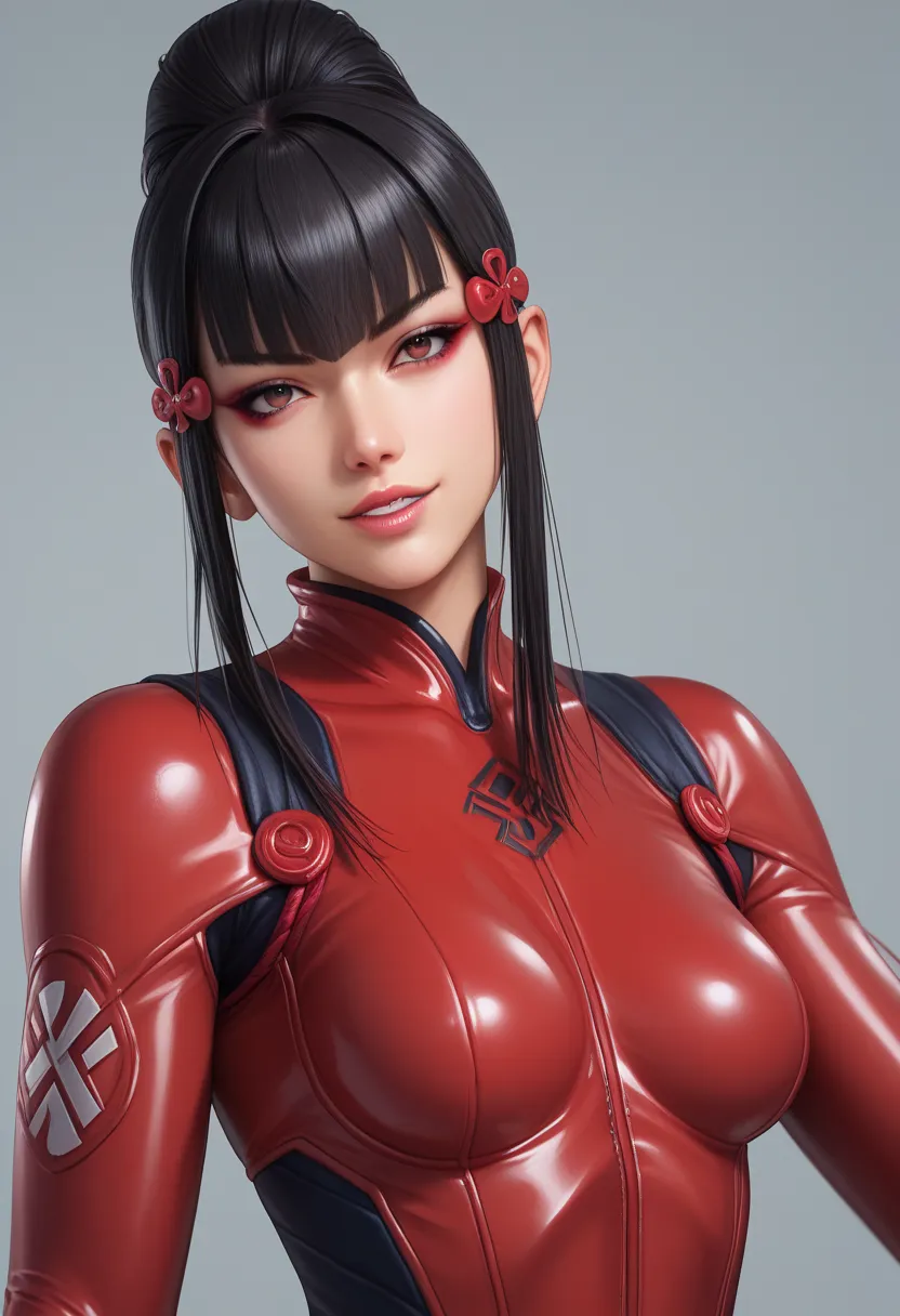 score_9, score_8_up, score_7_up,  source_anime,  BREAK solo, 1 girl,   TKNKZMI, black hair, blunt bangs, eye shadow, sidelocks, hair ornament, hair bun, bodysuit, parted lips, seductive smile, ,3D Rendering, Super Detailed, 