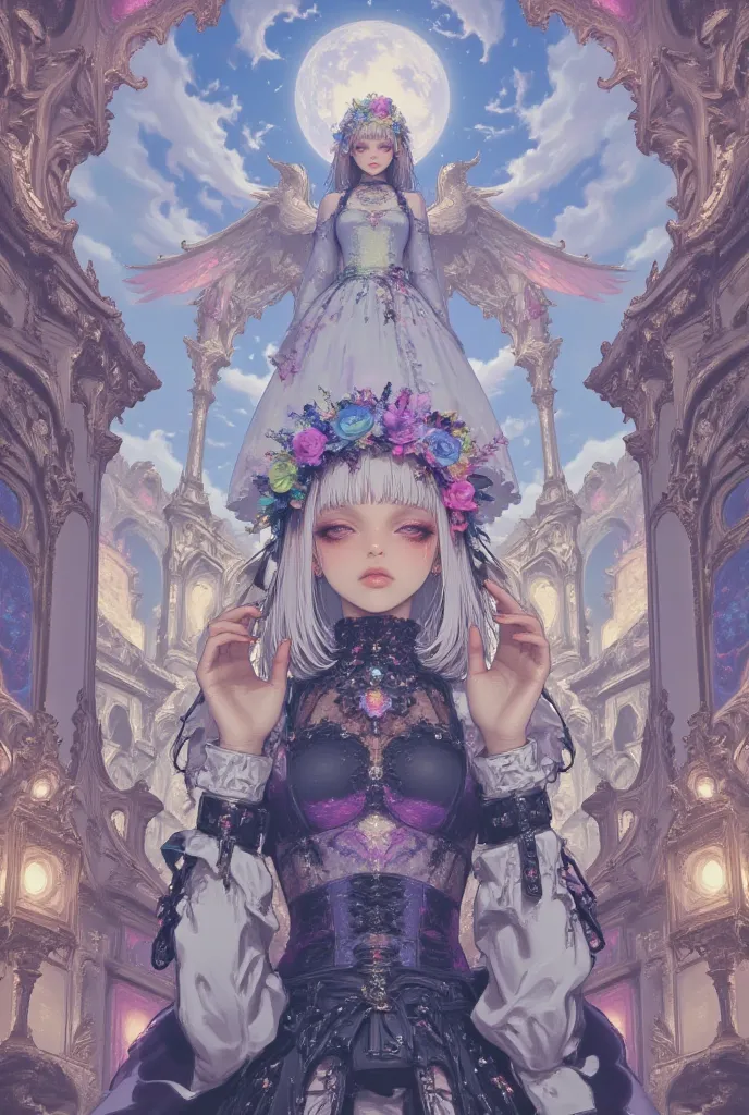 American comic style, illustration, girl, (Gothic & Lolita), Lolita, dress, flower hat, daughter, Angel, God, cloud, with walking stick, (classic dress), Raise your hands to the sky, Strong shadow, cute, flowers, Antique, European style, high detail, Dark ...