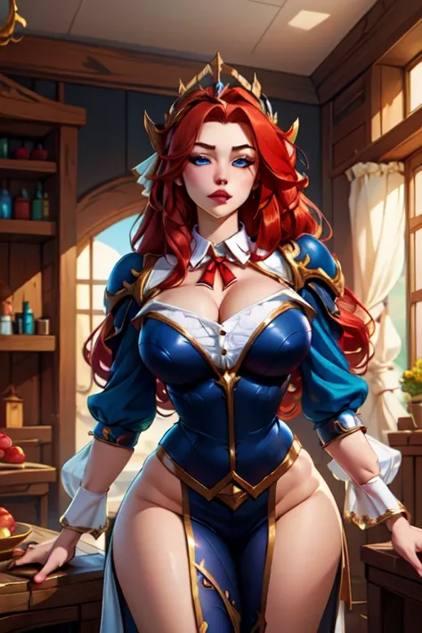 (masterpiece, best quality, absurdres, 4k, aesthetic, detailed, intricate),1girl,nikkecrwn,tiara, tall body, hair ribbon, red hair,
 Miss fortune from League of Legends,








