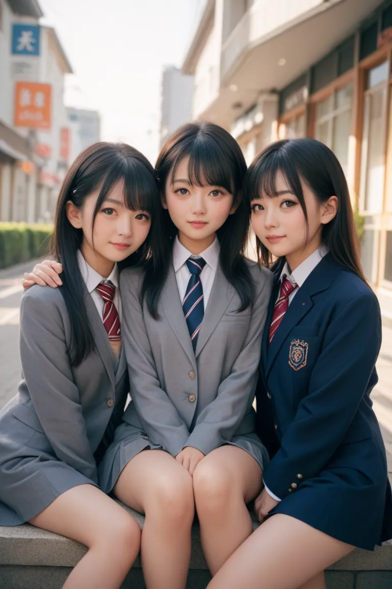 Group photo of Japanese high school girls with black hair　　Focus on cute, young faces　High school girls have legs about shoulder-width apart　 comments　muffler　blazer　sweater　tie　Overknee High