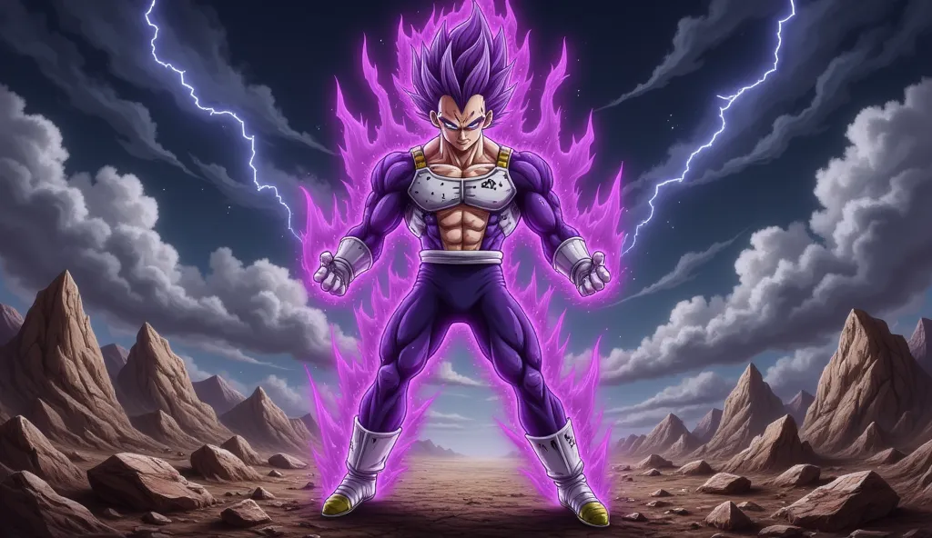 "A powerful Saiyan warrior stands in a dominant and imposing stance on a devastated, rocky battlefield under a dark, stormy sky filled with swirling clouds and crackling lightning. His muscular physique is accentuated by battle-worn Saiyan armor, with a to...