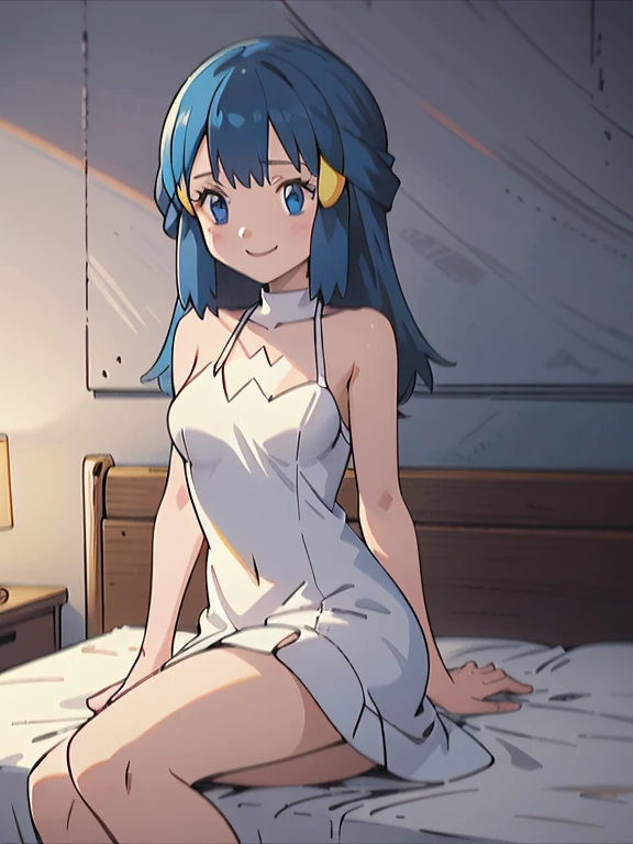 Dawn ,from Pokemon, she has blue eyes, long blue hair, her breast is medium , she is about 19 years old, she wears a beautiful sleep dress, and her smile is gently,  she looking at front, she sitting on bed, she making a vulnerable pose,  in high quality 