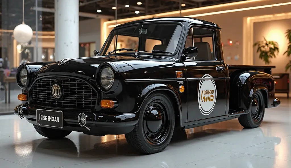 create an ultra-detailed 3D render, of a modern  2026 Hindustan ambassador baja raksha
with a bold design captured from close front side view. The Raksha should feat full painted BLACK 
'color with a 'gold'logo on its side a large white detailed grille, bl...