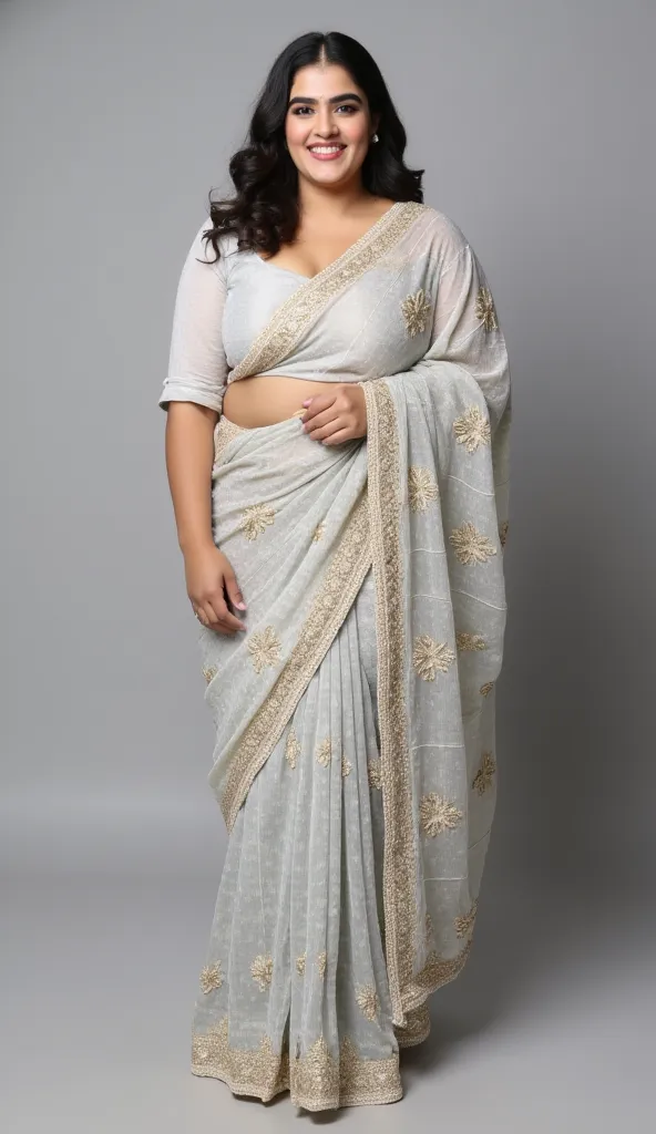 Full body image, anupa in light gray glossy  sari and gray blouse posing for the camera, light gray colored traditional wear, very extremely beautiful, plus sized curvy woman, hourglass body, with lovely look, inspired by T. K. Padmini, candid picture, tra...