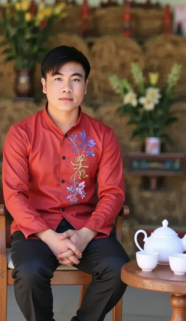 Vietnamese: Vietnamese,  the handsome guy Happy New Year 100 ,  This photo captures a young man sitting on a rustic wooden chair against an outdoor background decorated with the large brown gold platinum box.  Man's dick  ,  with shortened hair ,  with bla...