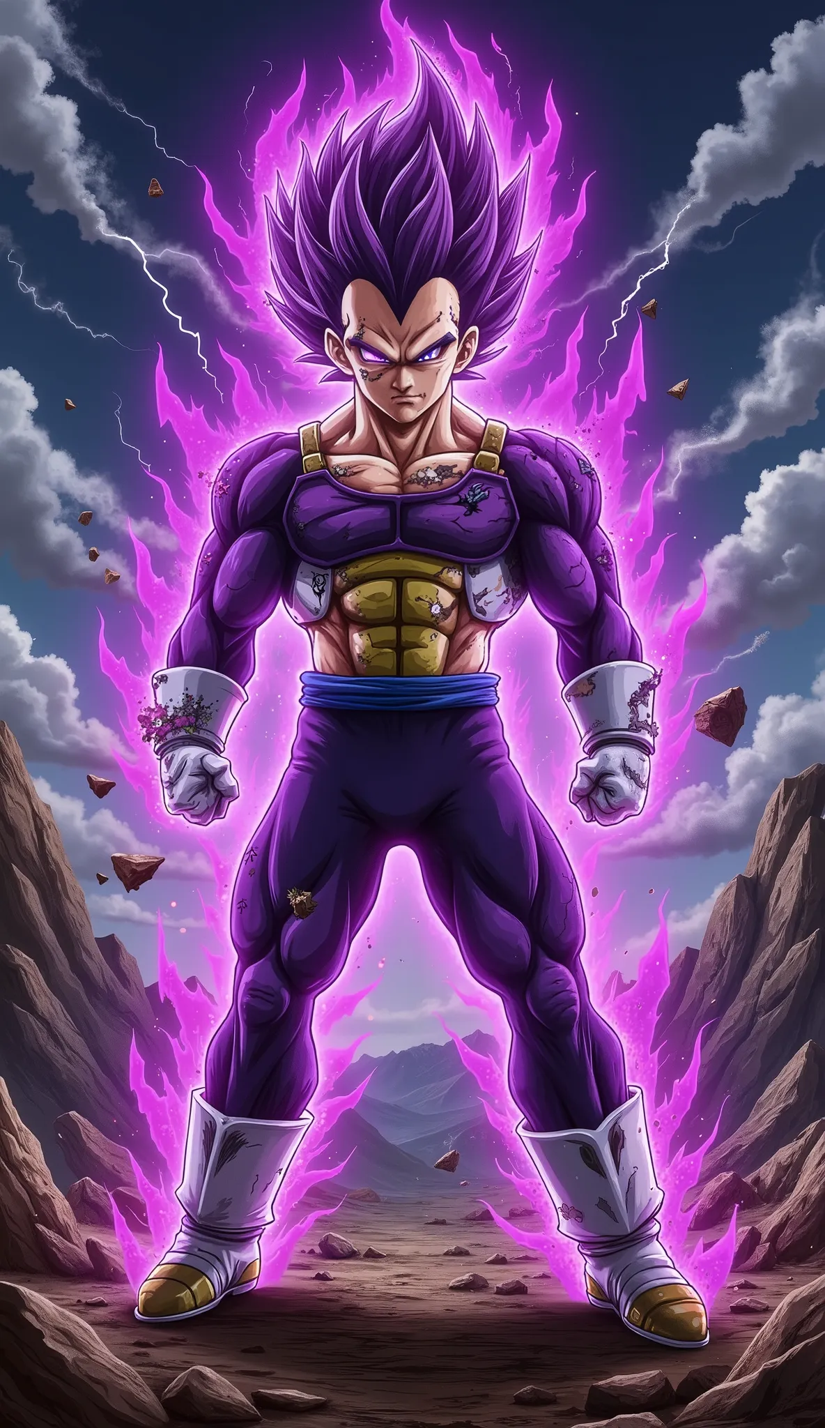 "A powerful Saiyan warrior stands in a dominant and imposing stance on a devastated, rocky battlefield under a dark, stormy sky filled with swirling clouds and crackling lightning. His muscular physique is accentuated by battle-worn Saiyan armor, with a to...