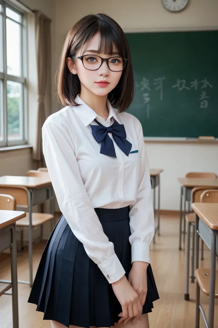  young, woman,Japanese,slender body,  black medium hair,wearing black-rimmed glasses,high school girl,Wearing a blouse,Pleated Skirt,Indoor Settings,Painting in the classroom,Top Quality,best quality,High Resolution,anatomically correct,REALISTIC RESULTS 