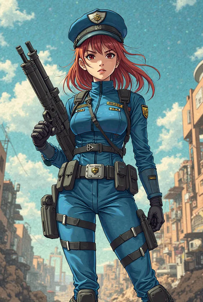 A GOC Soldier Anime Girl Armed  [From the SCP Wiki] with blue uniform (Anime Style old Anime drawn style)